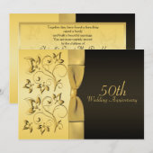 Uitnodiging met zwarte en gouden bloemen voor 50st (Voorkant / Achterkant)