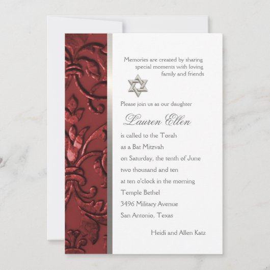 Uitnodiging: Mitzvah Red "Embossed" Damask Kaart (Achterkant)