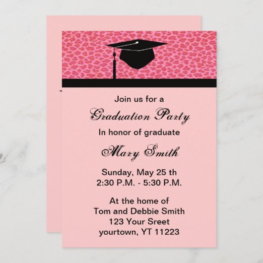 Uitnodiging Monogram Roze Leopard Graduation Party (Voorkant / Achterkant)