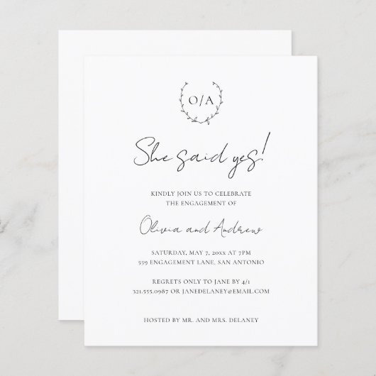Uitnodiging Monogram WreatBudget Engagement Party (Voorkant / Achterkant)