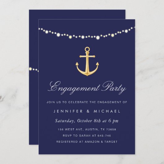 Uitnodiging nautisch anker verlovingsfeest (Voorkant / Achterkant)