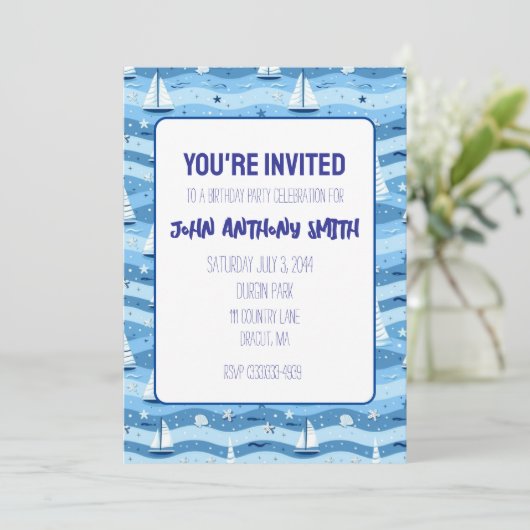 Uitnodiging nautische zeilboot verjaardagsfeest Ui (Staand voorkant)