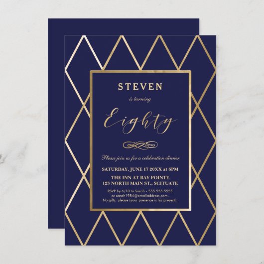 Uitnodiging op 80e verjaardag - Gold, legant, mari (Voorkant / Achterkant)