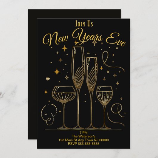 Uitnodiging Oud en Nieuw Feest Champagne Glazen (Voorkant / Achterkant)