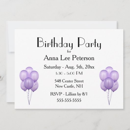 Uitnodiging Paarse Ballonnen (Voorkant)