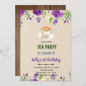 Uitnodiging paarse bloem theepartij (Voorkant / Achterkant)