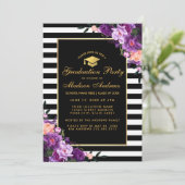 Uitnodiging Paarse Gold Striped Graduparty (Staand voorkant)