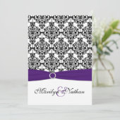 Uitnodiging Paarse, witte en zwarte Damask II (Staand voorkant)