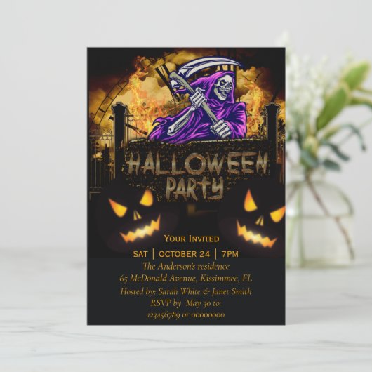 Uitnodiging partij voor halloween Party skelet (Staand voorkant)