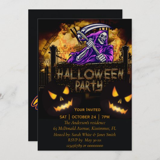 Uitnodiging partij voor halloween Party skelet (Voorkant / Achterkant)