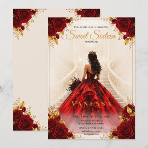 Uitnodiging Princess Red gold sweet 16