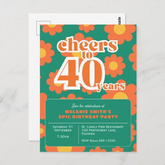 Uitnodiging "Proost 40 jaar" retro groen 40th (Voorkant / Achterkant)