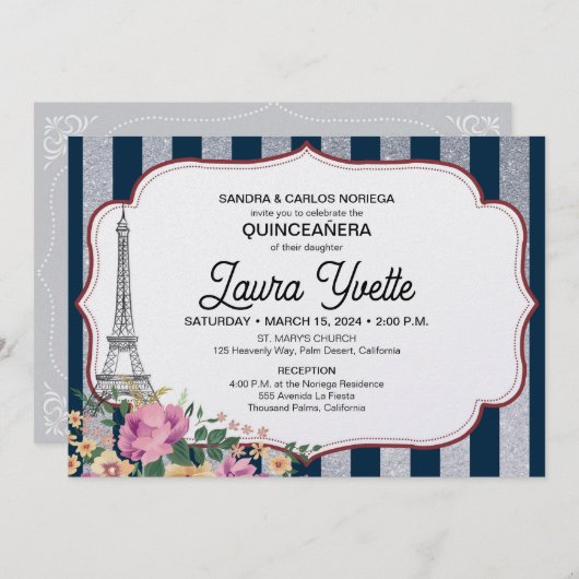 Uitnodiging Quinceañera, thema Parijs, Eiffeltoren (Voorkant / Achterkant)