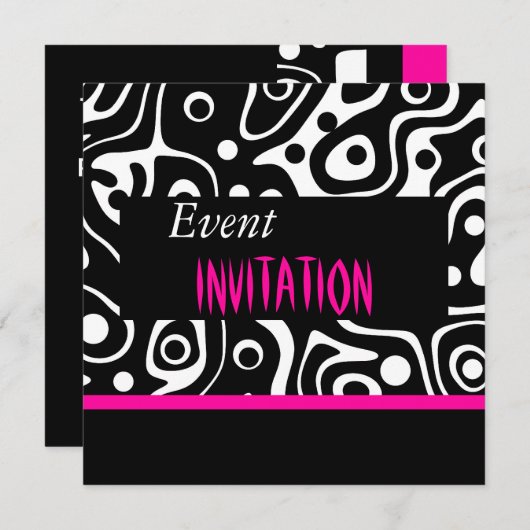 Uitnodiging Retro Bright roze Wild Zwart wit (Voorkant / Achterkant)