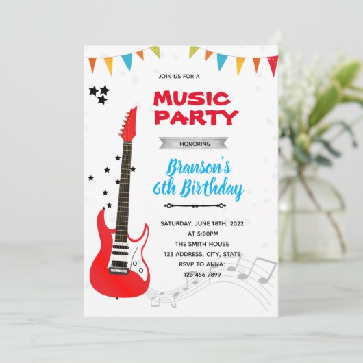 Uitnodiging rockmuziek verjaardagsfeest (Staand voorkant)
