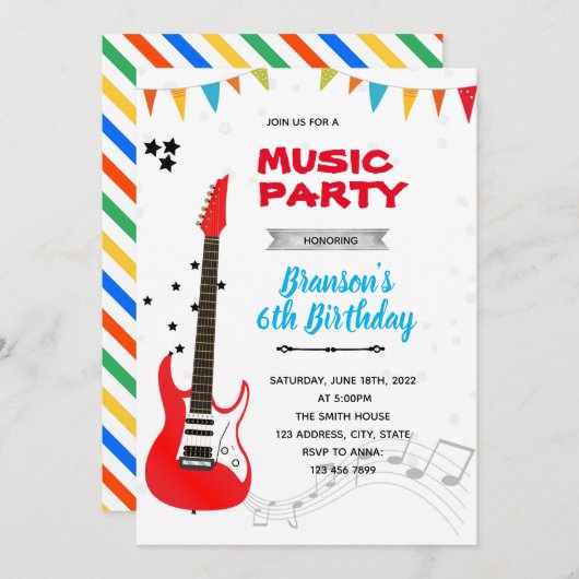 Uitnodiging rockmuziek verjaardagsfeest (Voorkant / Achterkant)