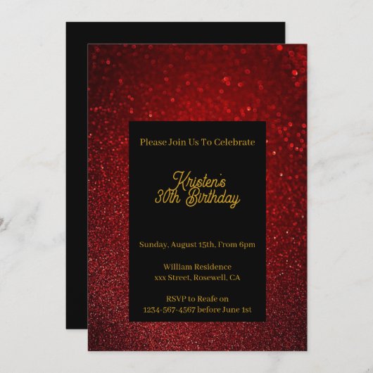 Uitnodiging Rode Glitter Birthday personaliseren (Voorkant / Achterkant)