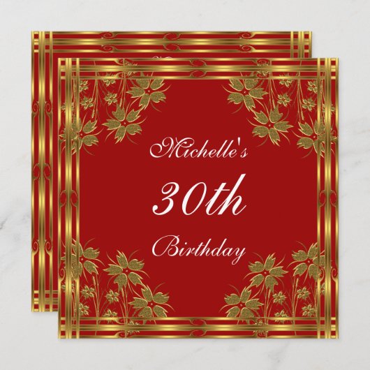 Uitnodiging Rood Goud & Gouden Bloemen (Voorkant / Achterkant)