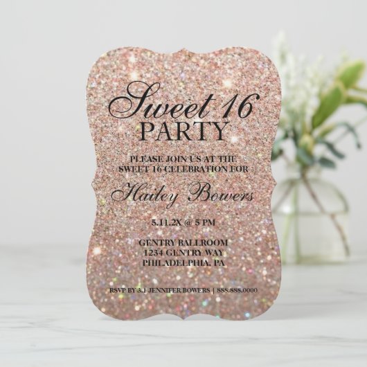 Uitnodiging - Roos Gold Glitter Fab Sweet 16  (Staand voorkant)