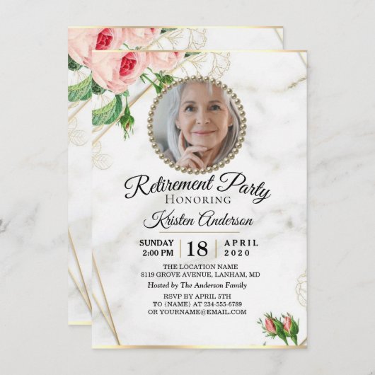 Uitnodiging Rosy Marble Luxury Retirement Party (Voorkant / Achterkant)