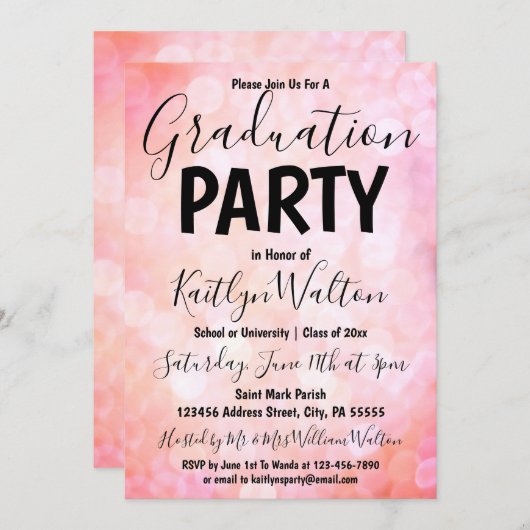 Uitnodiging roze Bokeh Graduation Party (Voorkant / Achterkant)