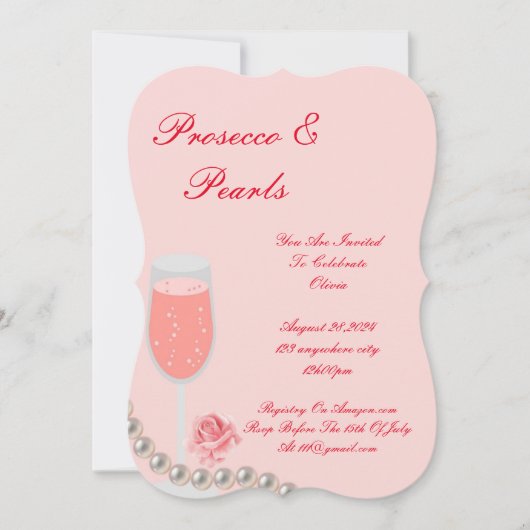 UITNODIGING ROZE BRUIDSBAD 'PARELS & PROSECCO' (Voorkant)