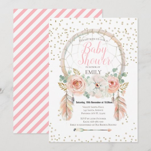 Uitnodiging Roze Gouden Droomvanger Boho (Voorkant / Achterkant)