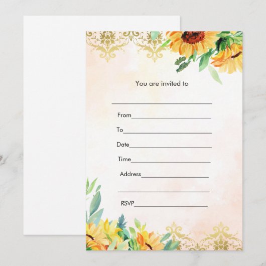 Uitnodiging roze gouden zonnebloemen aquarel invul (Voorkant / Achterkant)