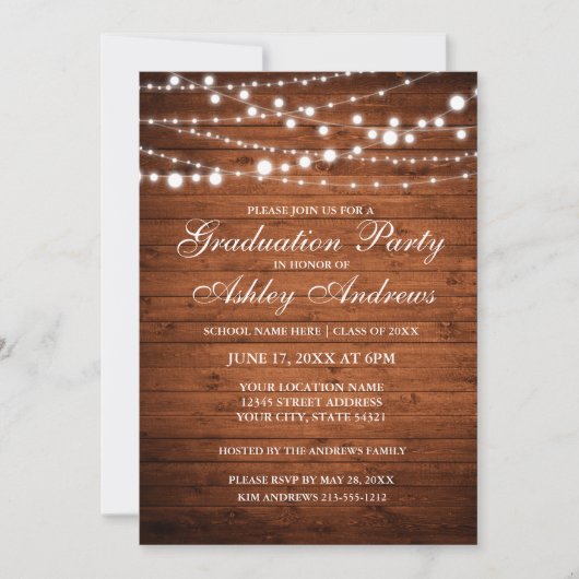 Uitnodiging Rustic Wood Lights Graduation Party (Voorkant)