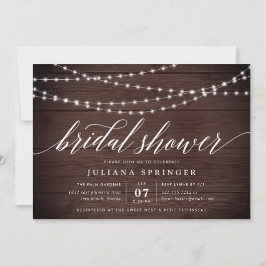 Uitnodiging Rustic Wood String Lights Bridal Showe (Voorkant)