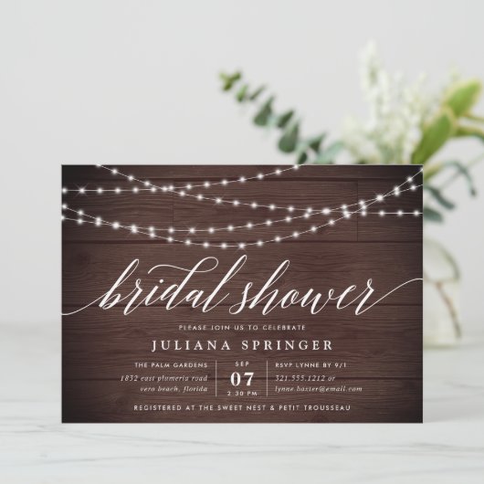 Uitnodiging Rustic Wood String Lights Bridal Showe (Staand voorkant)