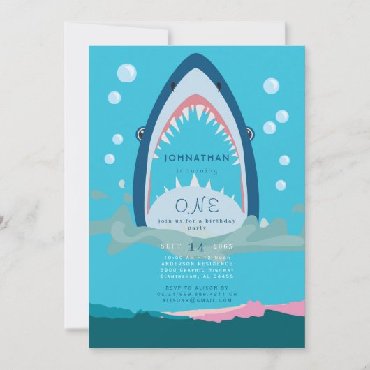 Uitnodiging Shark Bite Birthday Party (Voorkant)