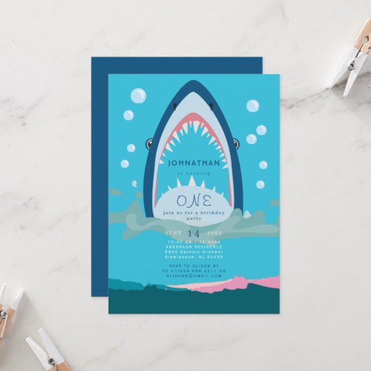 Uitnodiging Shark Bite Birthday Party (Voorkant / Achterkant in situ)