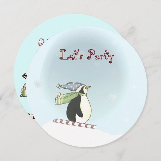 Uitnodiging Skiing Penguin Kind (Voorkant / Achterkant)