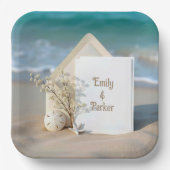 Uitnodiging strand in zand met zeesterren papieren bordje (Voorkant)