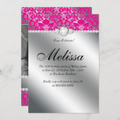 Uitnodiging Sweet 16 bloemendamask roze zilver (Voorkant / Achterkant)