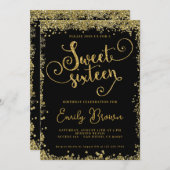 Uitnodiging Sweet Sixteen Zwart en namaigoud glitt (Voorkant / Achterkant)