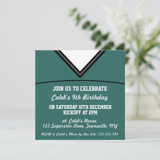 Uitnodiging template voor een voetbaltrui-feestje, (Staand voorkant)