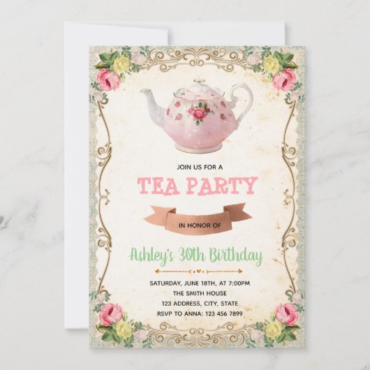 Uitnodiging thema vintage theeparty (Voorkant)