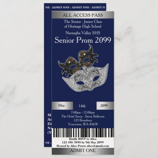 Uitnodiging Ticket Prom Trend, Masquerade, makkeli (Voorkant / Achterkant)