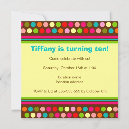 Uitnodiging tot afspeelbare poka Dots Birthday (Achterkant)