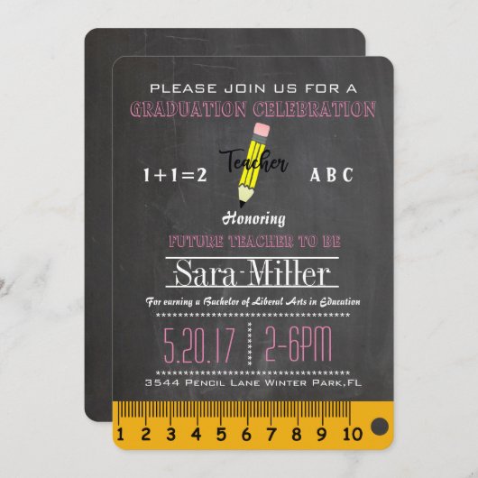 Uitnodiging tot Afstuderen van alkboard en potlood (Voorkant / Achterkant)