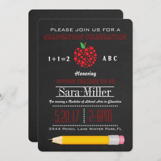 Uitnodiging tot Afstuderen voor Potlood en Apple T (Voorkant / Achterkant)