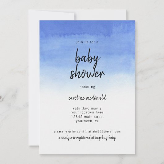 Uitnodiging tot baby shower Eenvoudige Blauwe Ombr (Voorkant)