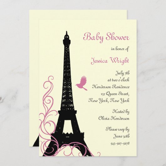 Uitnodiging tot Baby shower Eiffel Tower (Voorkant / Achterkant)