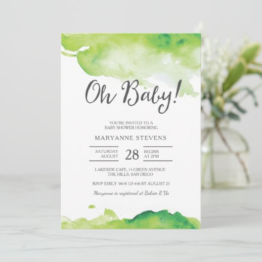 uitnodiging tot baby shower | Groene aquarel (Staand voorkant)