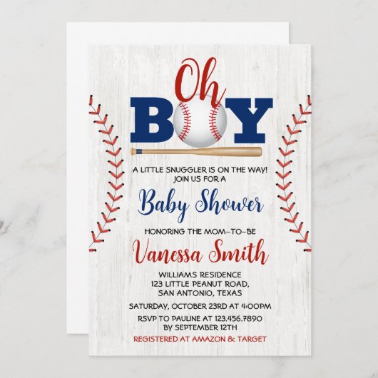 Uitnodiging tot Baby shower honkbal (Voorkant / Achterkant)