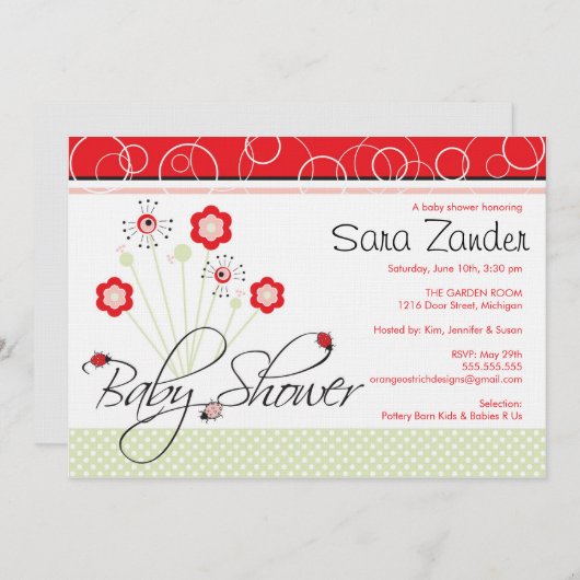 Uitnodiging tot baby shower - Ladybugs (Voorkant / Achterkant)