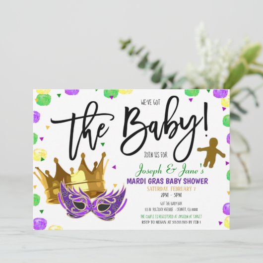 Uitnodiging tot Baby shower Mardi Gras (Staand voorkant)