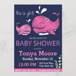 Uitnodiging tot Baby shower op walvis (meisje)